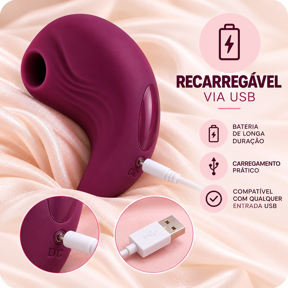 Pulsador de clit�ris roxo mostrando a porta de carregamento DC e o cabo USB conectado para recarga