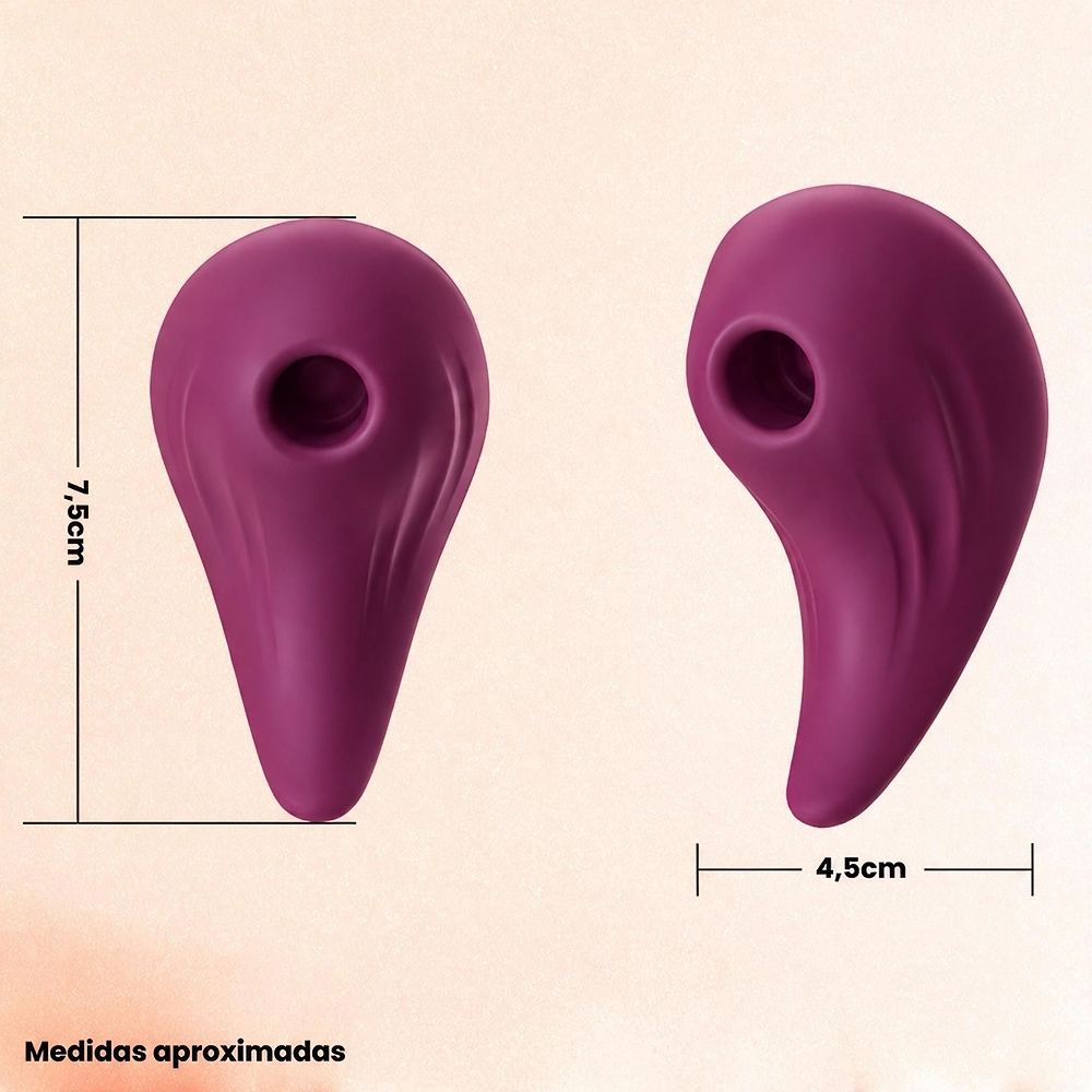 Duas vistas do pulsador de clit�ris roxo com medidas aproximadas de 7,5cm de comprimento e 4,5cm de largura