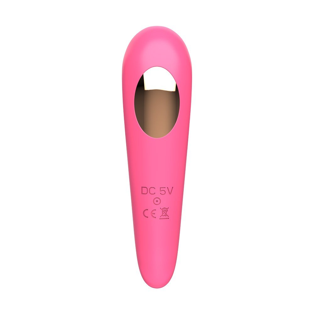Estimulador de Clit�ris Essie Pink, vista traseira, mostrando o orif�cio para carregamento USB e as marca��es de seguran�a