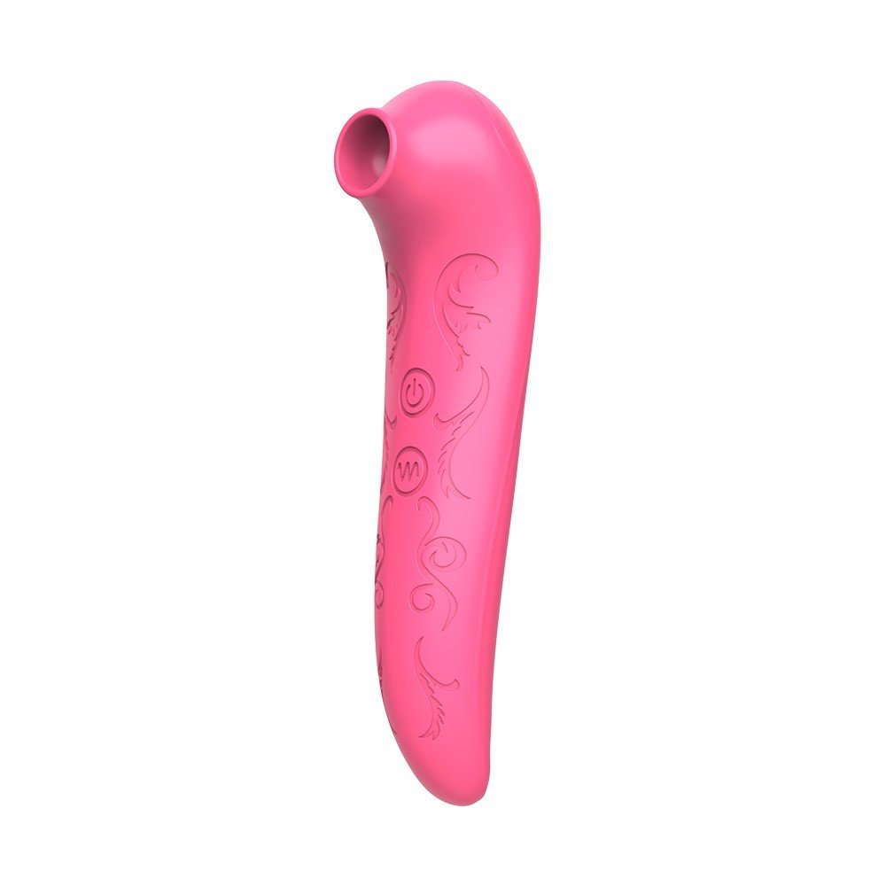 Estimulador de Clit�ris Essie Pink, vista diagonal frontal, exibindo o bocal de suc��o e os bot�es de controle de vibra��o/pulsa��o