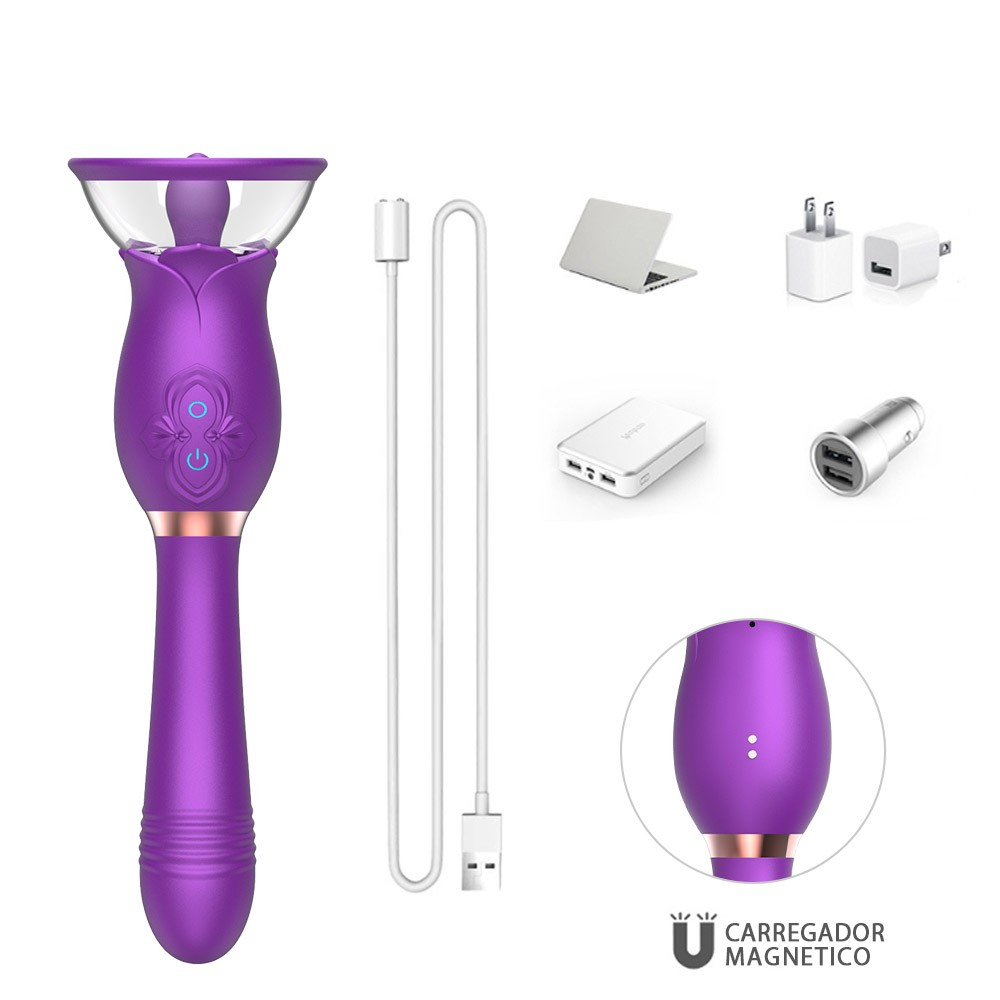 Vibrador Roxo e o cabo de carregamento magn�tico USB, mostrando as op��es de recarga