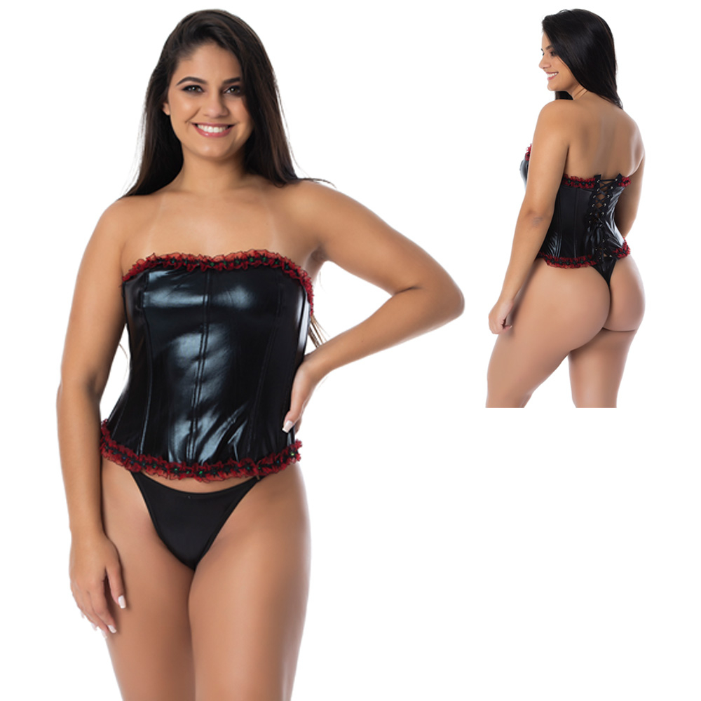 Corpete Dominadora em Vinil com Detalhes em Renda Vermelho | Foto 01
