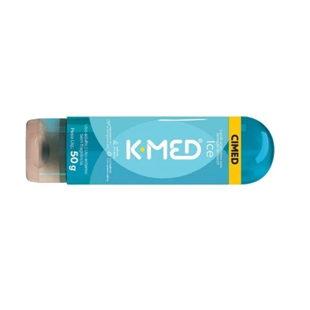 Gel Lubrificante �ntimo K-Med Ice em embalagem horizontal, mostrando a tampa azul e o corpo transparente do frasco.