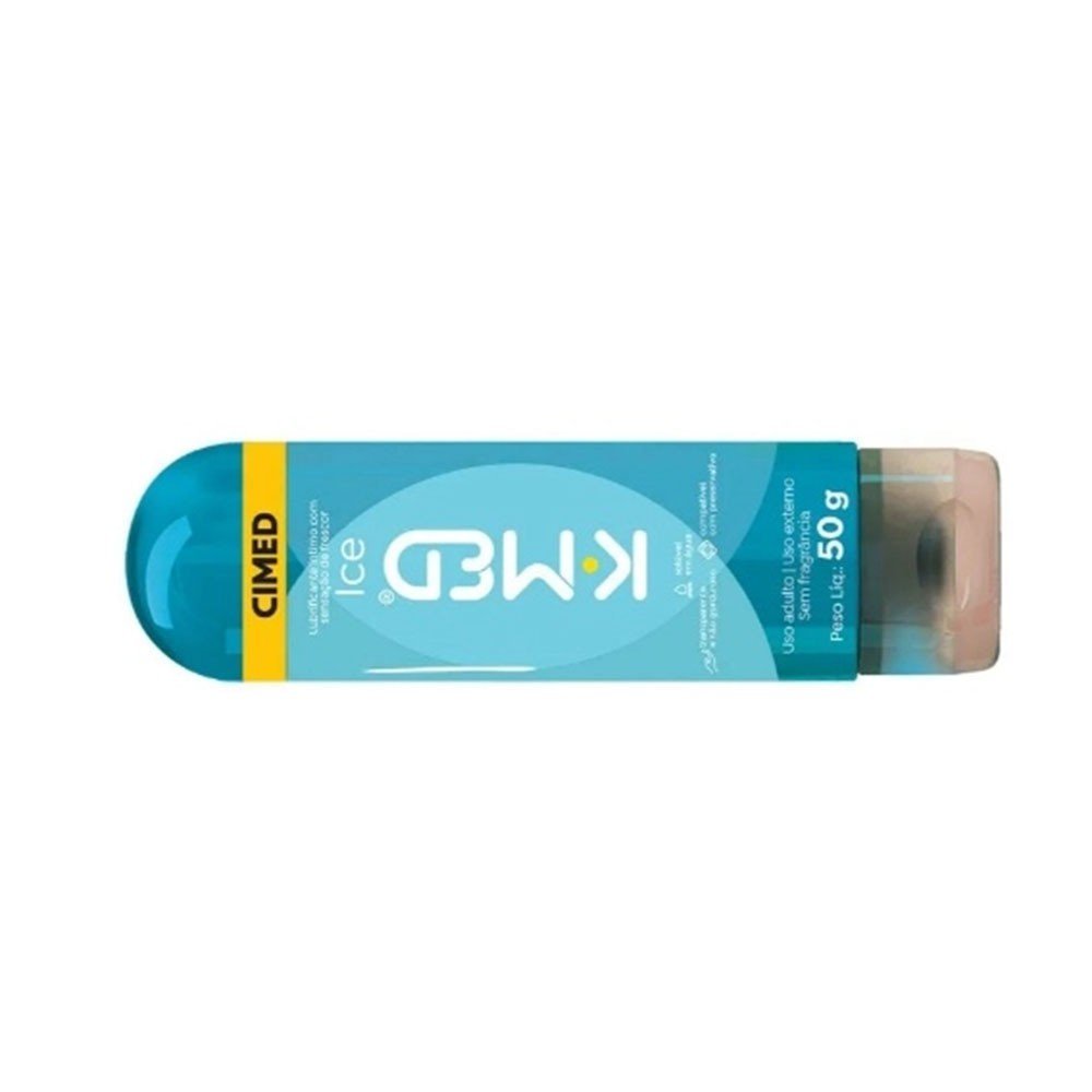 Gel Lubrificante �ntimo K-Med Ice deitado, evidenciando o design moderno e as cores vibrantes da marca.