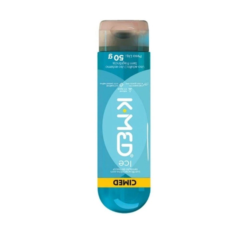 Gel Lubrificante �ntimo K-Med Ice em vista vertical invertida, real�ando a embalagem e o aspecto transl�cido do gel.