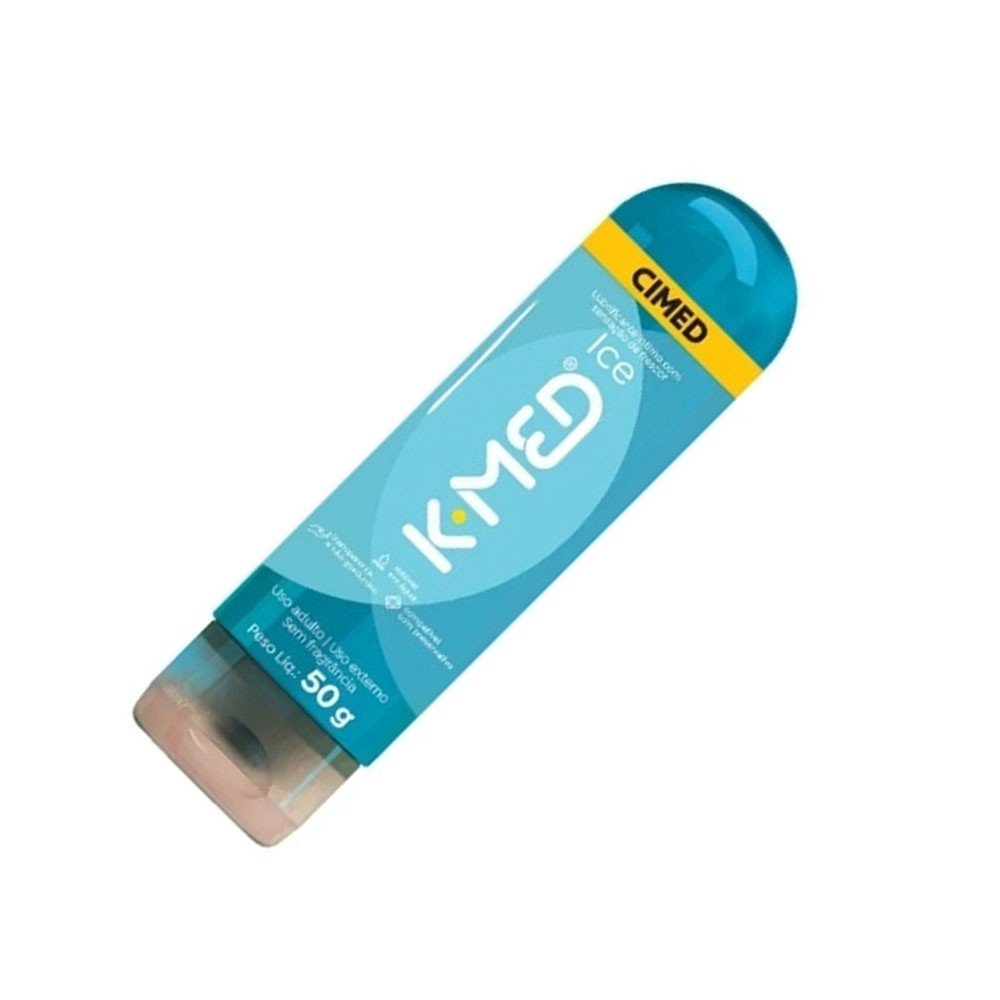 Closeup da tampa azul do Gel Lubrificante �ntimo K-Med Ice, com detalhes da marca Cimed e aviso de 'LUBRIFICANTE �NTIMO'.