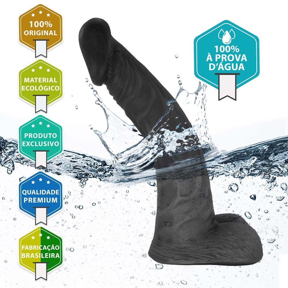 P�nis de Borracha com Escroto Poseidon | Vista posterior, real�ando a base para cinta e o formato do escroto. Cor preta.