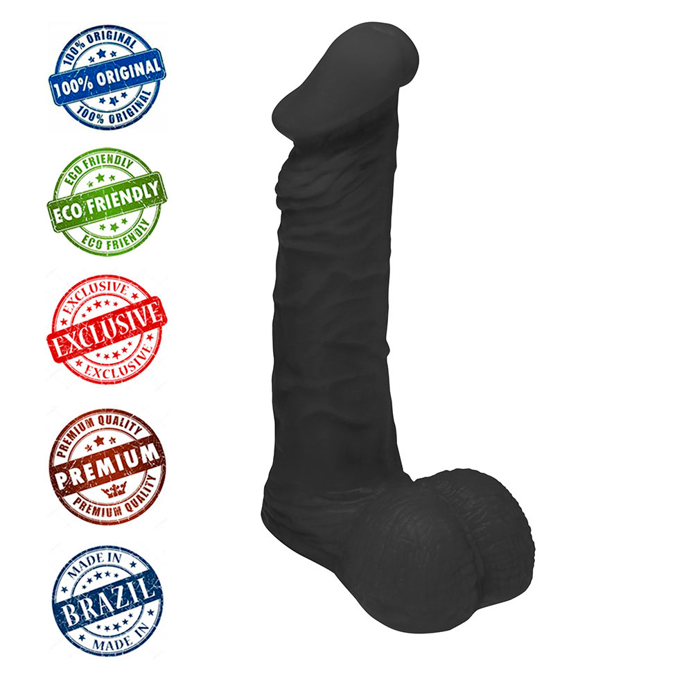 P�nis de Borracha, com Glande Zeus 20 x 4,5cm Preto - detalhe da base do dildo, com escroto e anel para fixa��o em cinta/harness