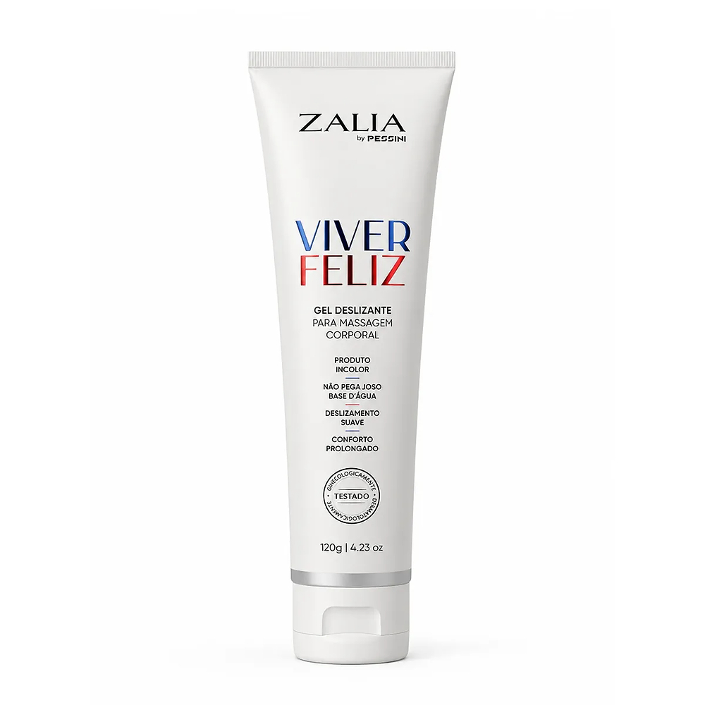 Embalagem frontal do Gel Lubrificante �ntimo Neutro Viver Feliz 120g, destacando o nome do produto e a marca Zalia by Pessini