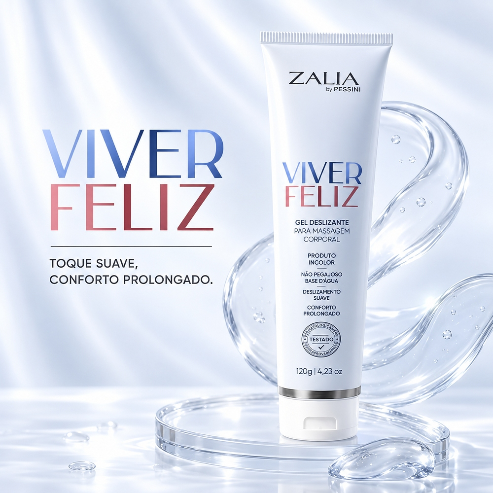 Gel Lubrificante �ntimo Neutro Viver Feliz 120g em cen�rio iluminado com elementos l�quidos e transparentes, ressaltando a base de �gua e o conforto prolongado