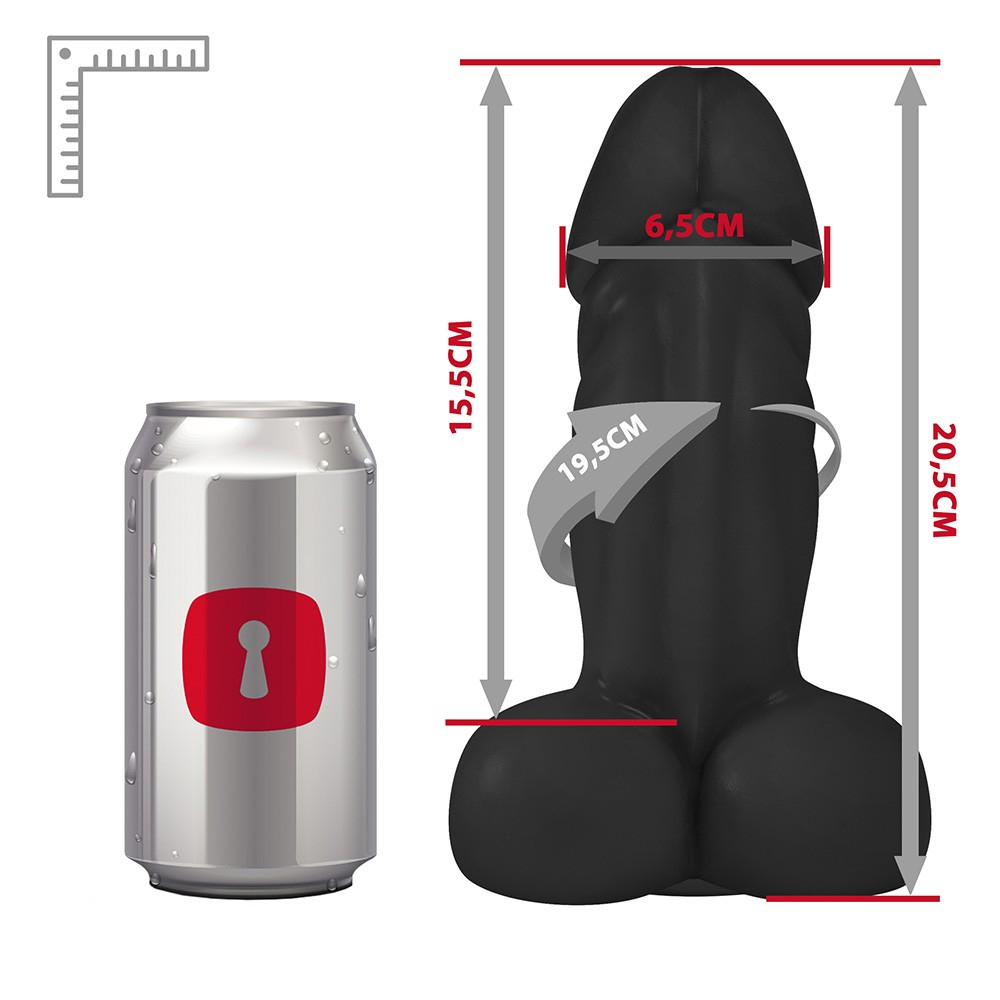 P�nis Real�stico Flex�vel com Escroto e Ventosa Sucupira Preto - Vista em �ngulo superior destacando o comprimento de 20,5cm e largura de 6,5cm