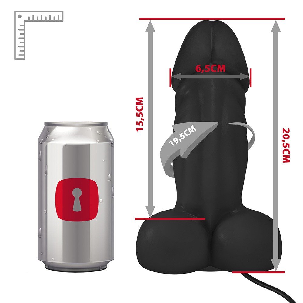 P�nis Real�stico Flex�vel com Escroto, Ventosa e Vibrador Sucupira | Foto 06, mostrando totalidade do produto, ventosa e controle com fio