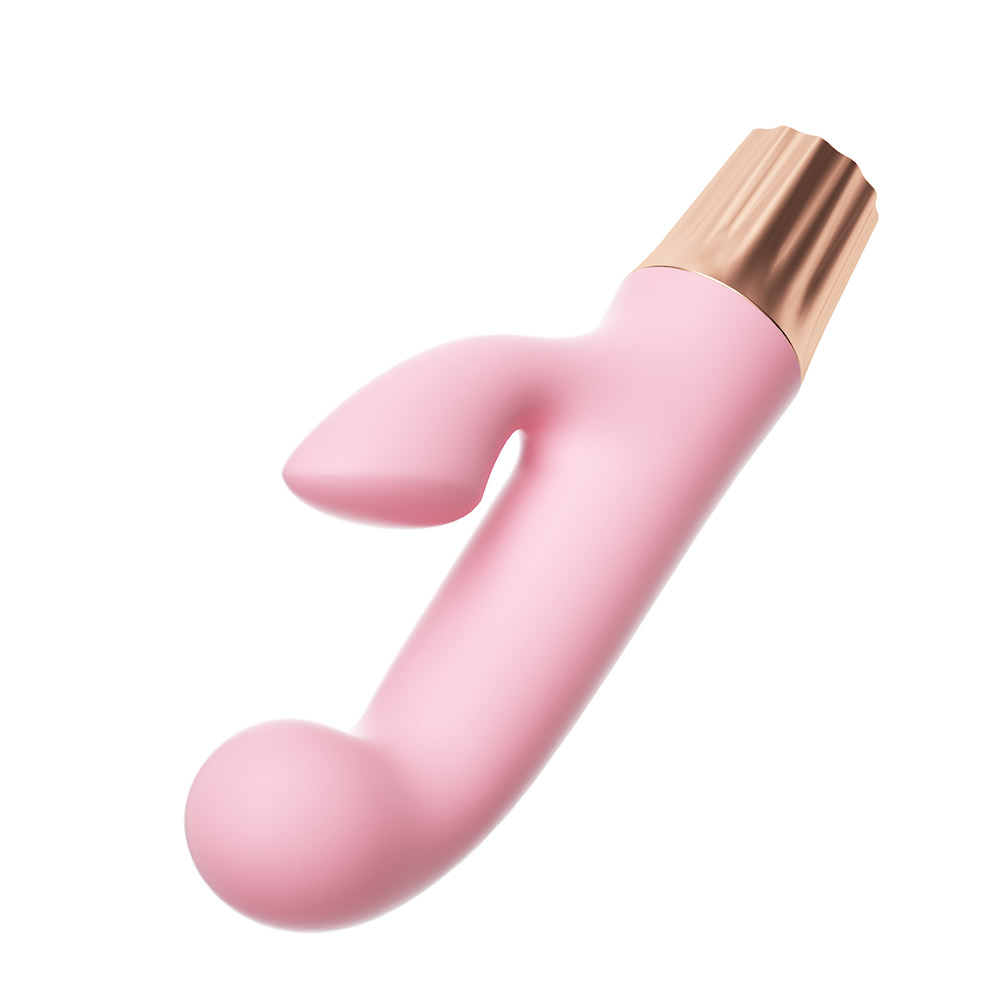 Vibrador Duplo Recarreg�vel em Silicone com 10 Vibra��es Mini Happy Rosa - Vista traseira do vibrador duplo, focando na base met�lica dourada e no bot�o de controle de vibra��o/liga-desliga e porta de carregamento, com a textura do silicone arredondada.