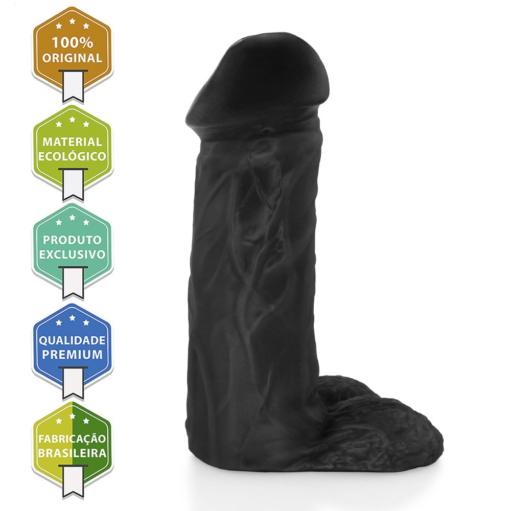 Vista da base do P�nis Real�stico Flex�vel com Escroto Jacaranda 19 x 5,5cm Preto, destacando o suporte para cinta