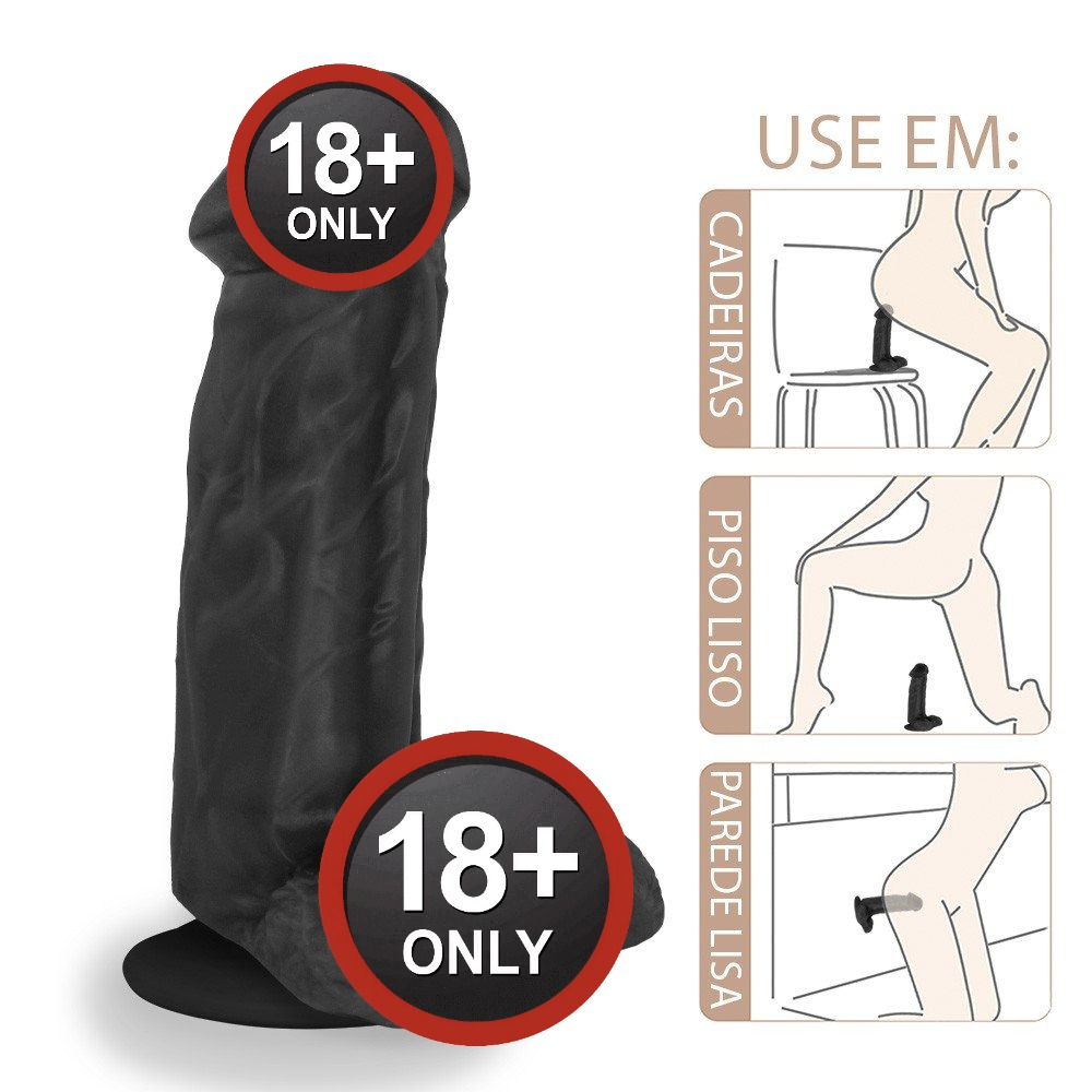 P�nis Real�stico Flex�vel com Escroto e Ventosa Jacaranda 19 x 5,5cm Preto - Infogr�fico de sugest�es de uso da ventosa (cadeira, piso liso, parede lisa)