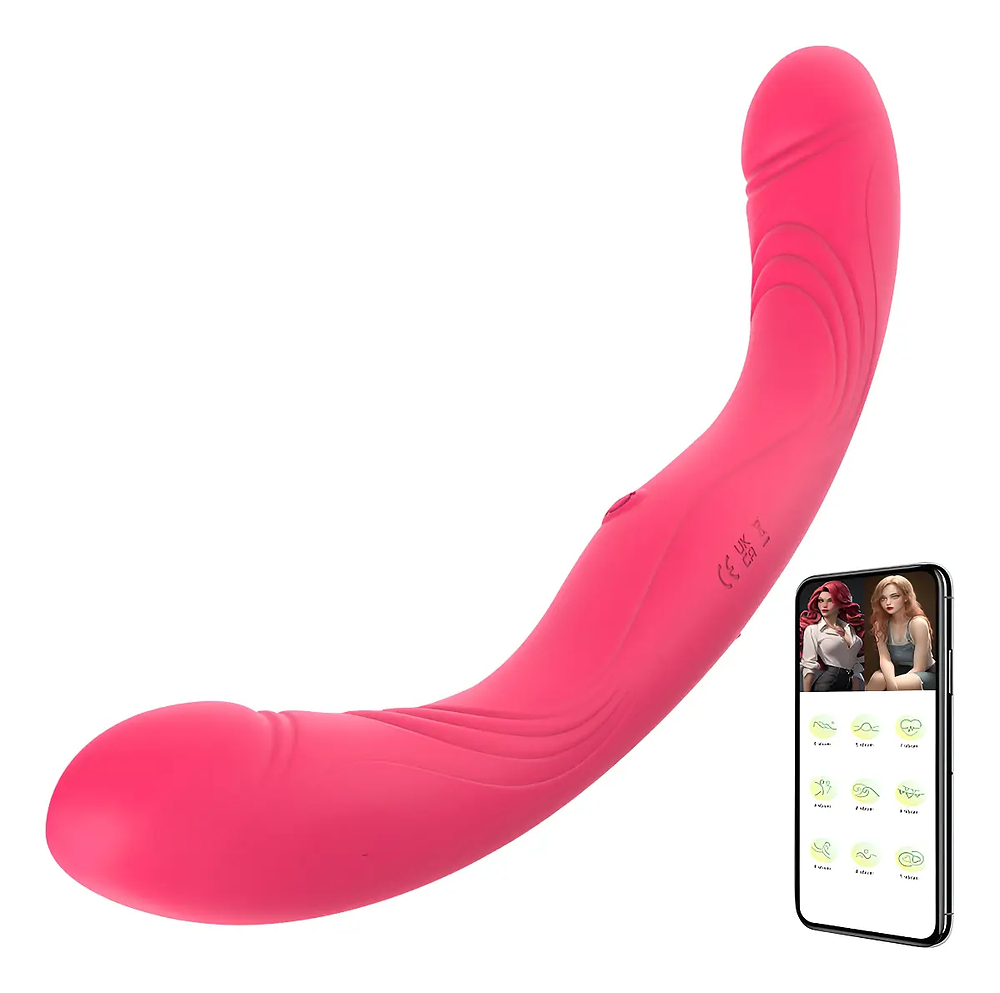 Vibrador duplo recarreg�vel em silicone pink em formato de U, com um smartphone ao lado exibindo a interface do aplicativo de controle e imagens de mulheres