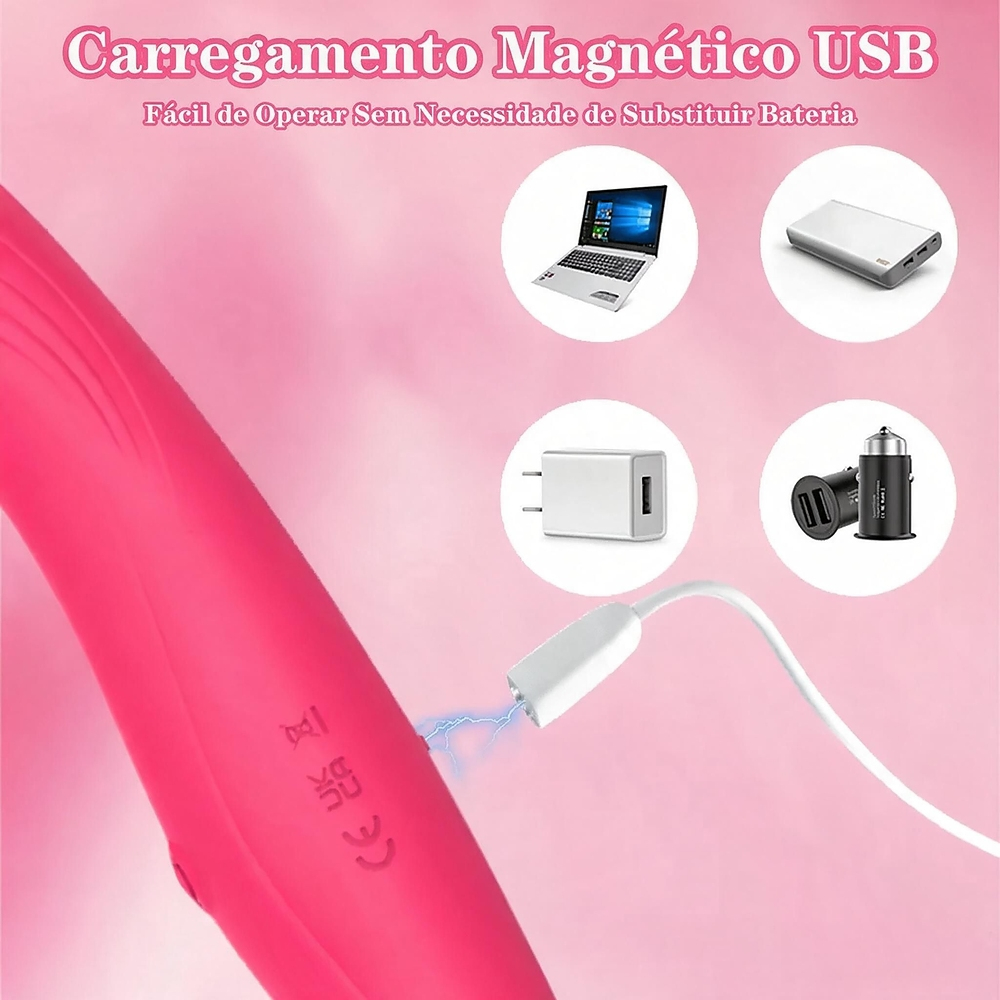 Detalhe do ponto de carregamento magn�tico USB do vibrador duplo pink, com cabo conectado e ilustra��es de dispositivos compat�veis como laptop e power bank