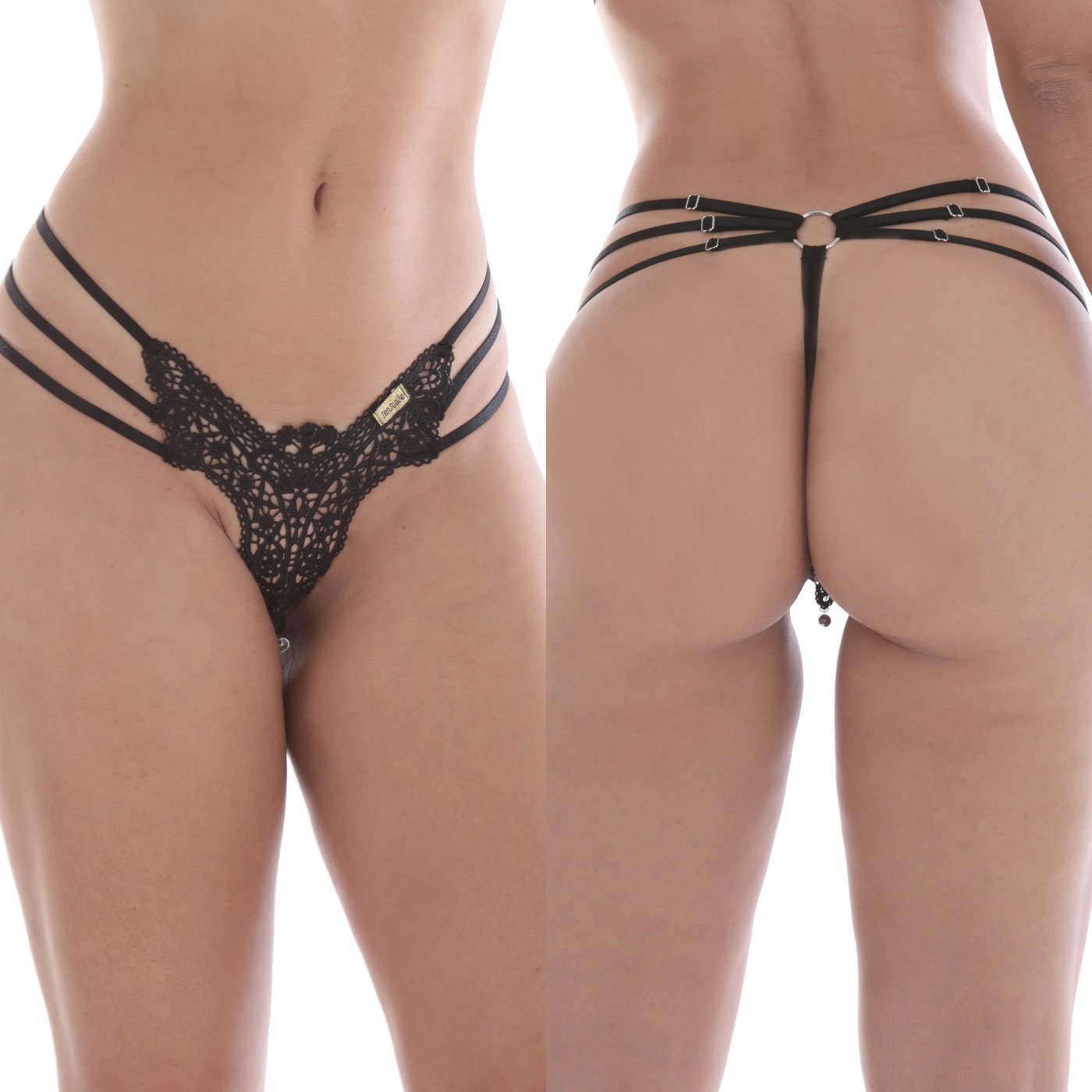 Calcinha Strappy com Guipir na Frente Preta - Vista lateral completa destacando as tiras strappy no quadril