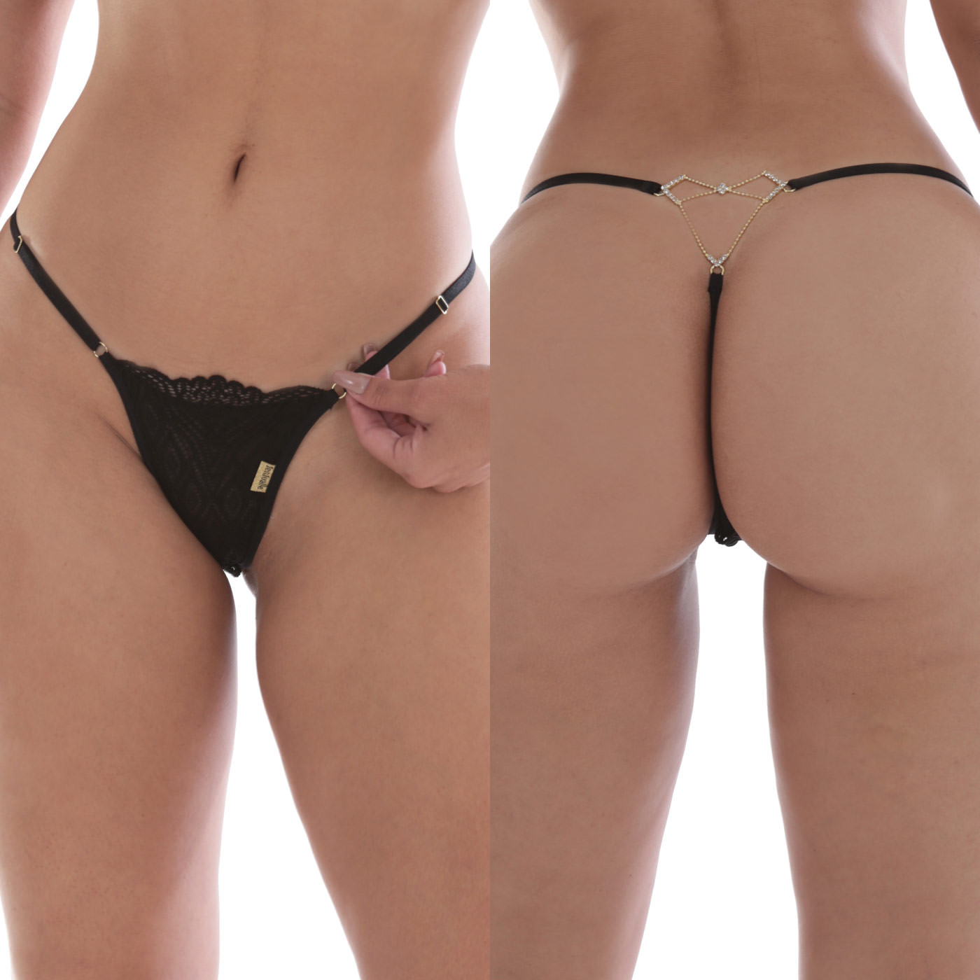 Calcinha String em Renda com Biju Dourada Yes Preta - Detalhe da bijuteria dourada e ajuste lateral da calcinha