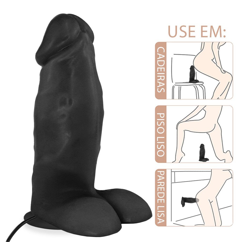 P�nis Real�stico Flex�vel com Escroto, Ventosa e Vibrador Peroba 19 x 6,8cm Preto com ilustra��es de uso em diferentes superf�cies como cadeiras, pisos e paredes lisas