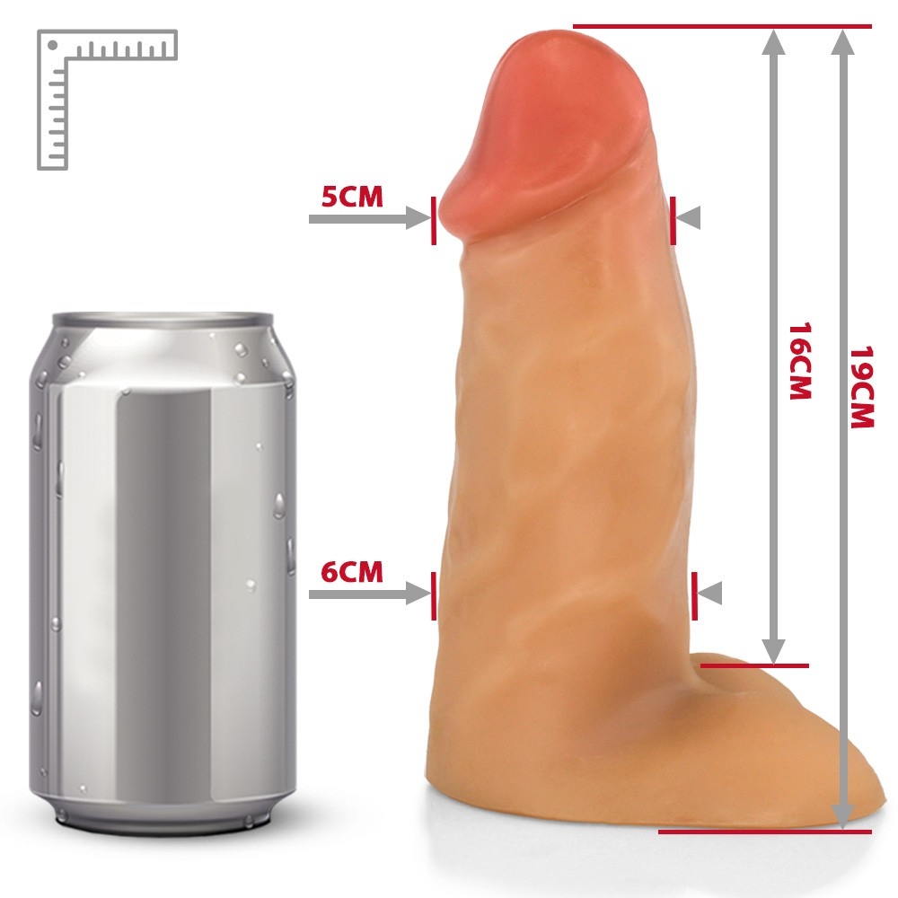 P�nis Real�stico Flex�vel com Escroto Peroba com medidas ilustradas, mostrando 19cm de comprimento e 6,8cm de largura