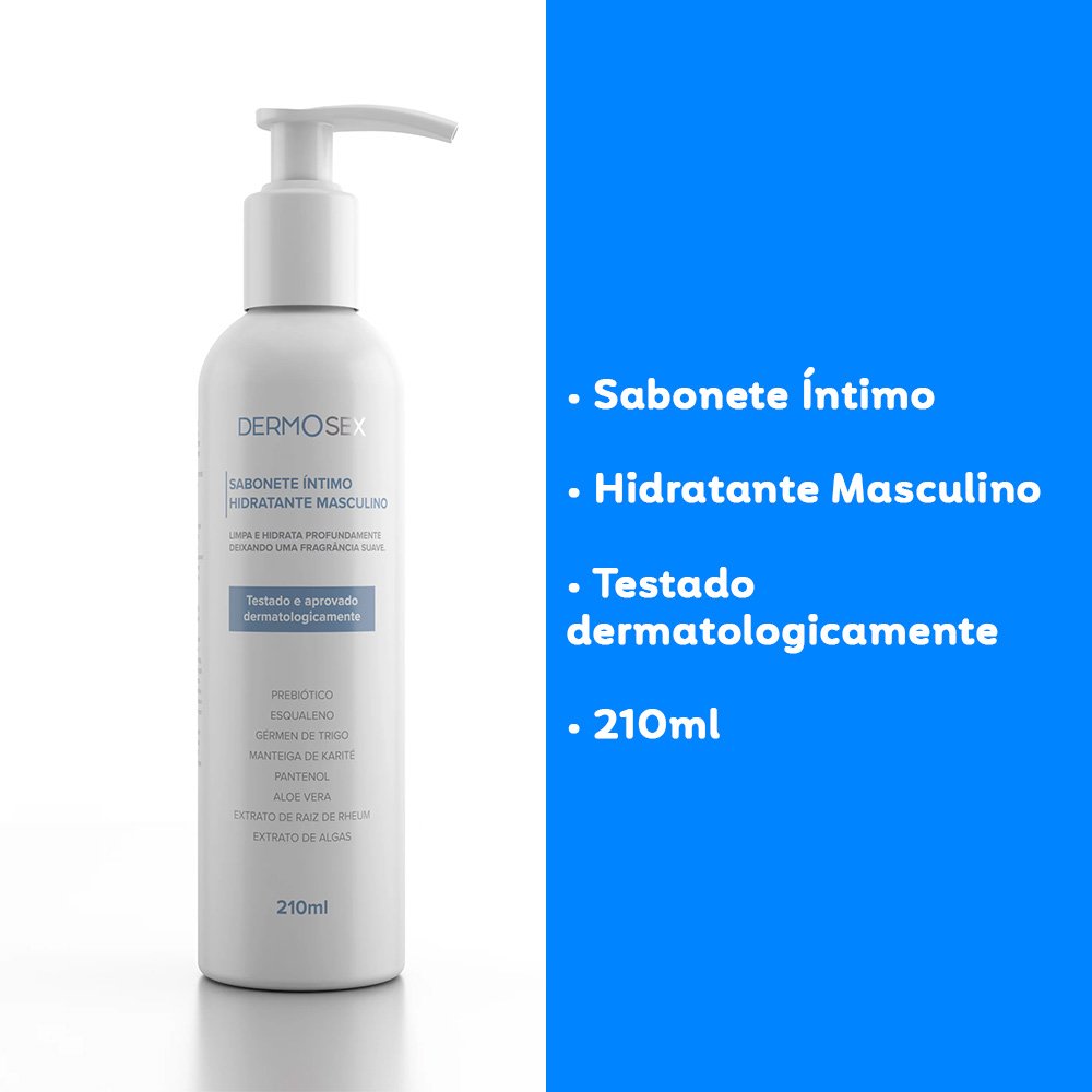 Sabonete �ntimo Dermosex Masculino em embalagem branca com texto em azul destacando: Sabonete �ntimo, Hidratante Masculino, Testado dermatologicamente, 210ml