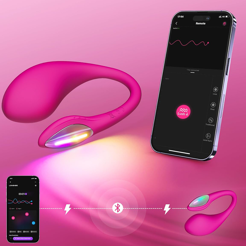 Vibrador Lush 4 e celular mostrando interface do APP de controle, conectividade Bluetooth e carregamento