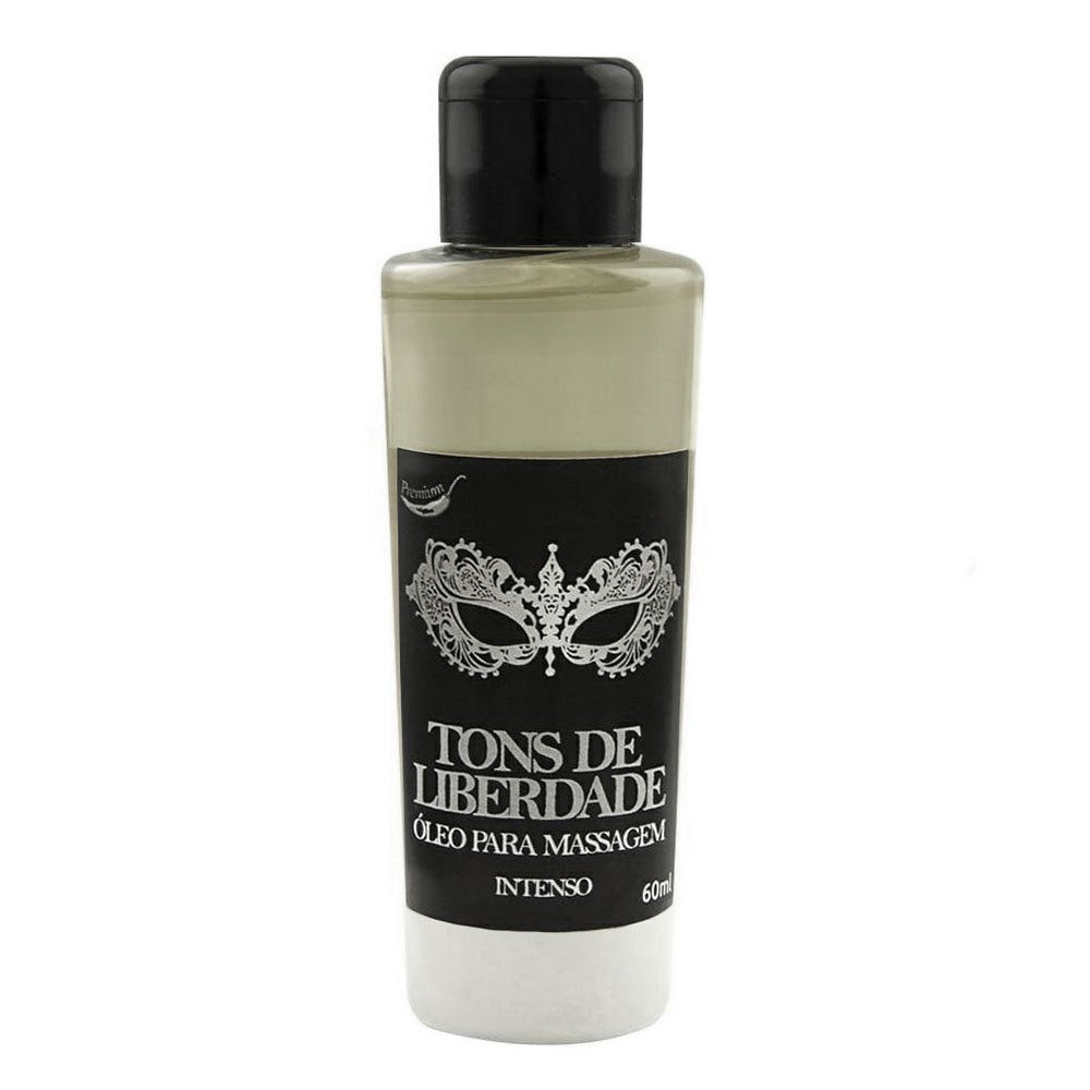 �leo para Massagem Intenso 60ml | Frasco do �leo em destaque, mostrando r�tulo com nome do produto 'Tons de Liberdade' e descri��o '�leo para Massagem Intenso'