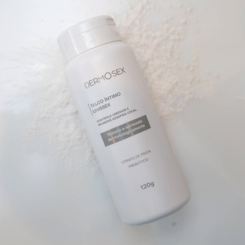 Frasco de Talco �ntimo Unissex Dermosex 120g deitado em superf�cie branca e macia, simulando ambiente de uso