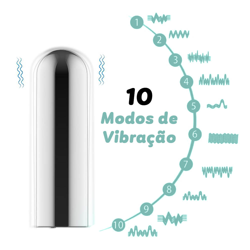Vibrador Bullet Recarreg�vel Prata ilustrando os 10 modos de vibra��o