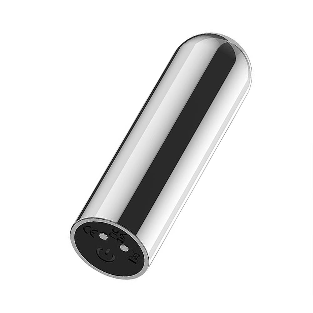 Vibrador Bullet Recarreg�vel Prata em ABS, vista lateral mostrando o acabamento