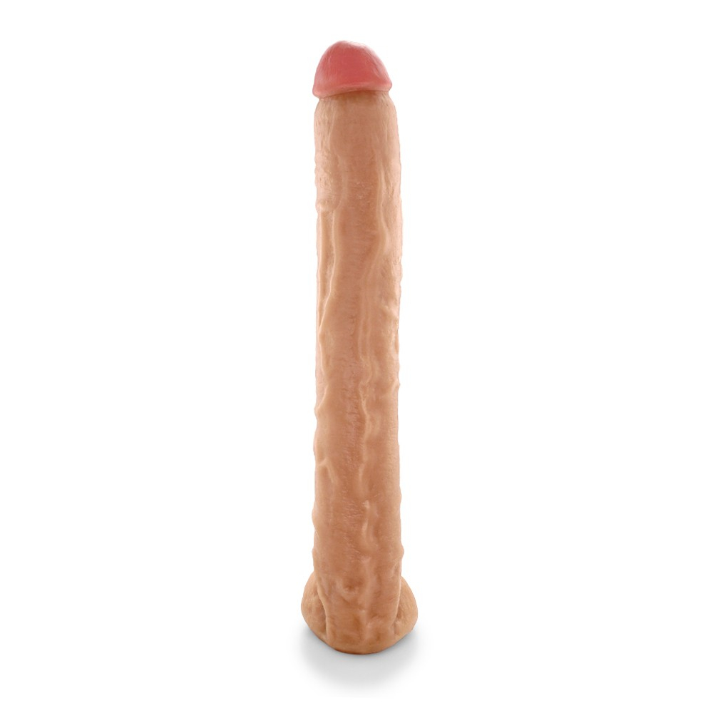 P�nis Gigante e Grosso Flex�vel com Escroto Neg�o da Picona 37 x 5cm Bege, em vista lateral, mostrando a curvatura e detalhes do escroto