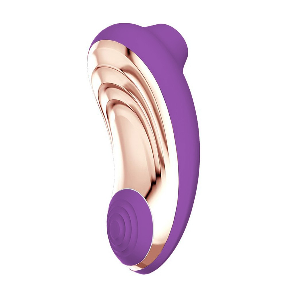 Vibrador duplo sugador de clit�ris e vibrador ponto G roxo, vista lateral com detalhes dourados e design ergon�mico