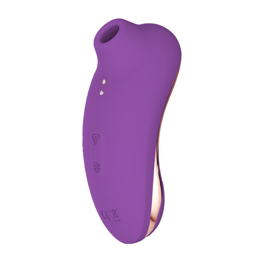 Vibrador duplo sugador de clit�ris e vibrador ponto G roxo, vista frontal destacando bot�es de controle e suc��o