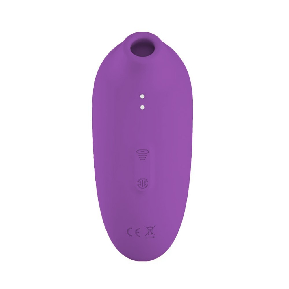 Vibrador duplo sugador de clit�ris e vibrador ponto G roxo, closeup do sugador de clit�ris com abertura detalhada