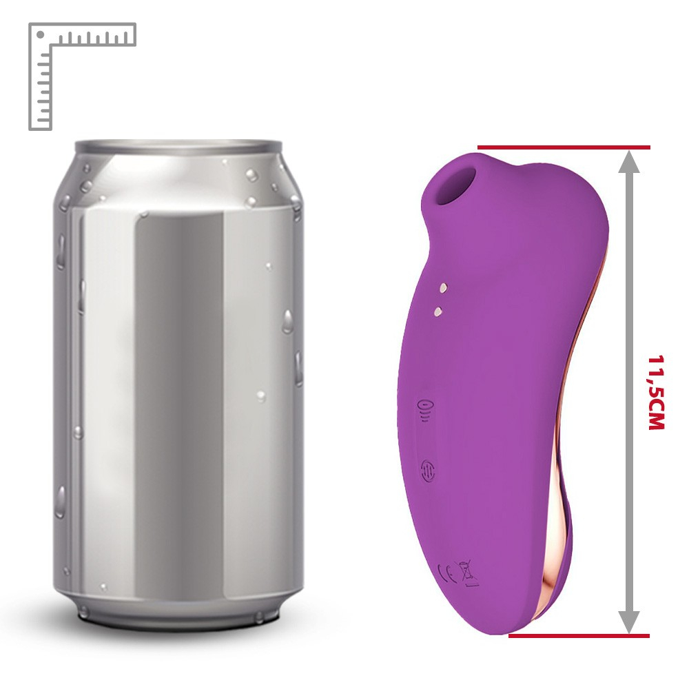 Vibrador duplo sugador de clit�ris e vibrador ponto G roxo, vista da ponta para o ponto G e base do sugador