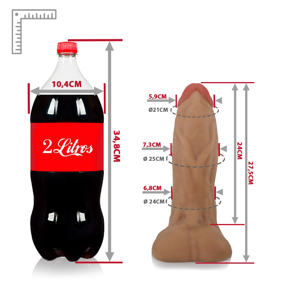 P�nis Gigante e Grosso Coragem, com diagrama de uso em cadeira e no ch�o. Dildo de cor bege claro, pronto para diferentes posi��es.