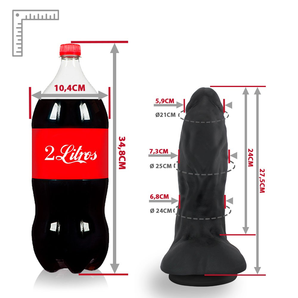 P�nis Gigante e Grosso Flex�vel com Escroto e Ventosa Coragem 27,5 x 7,8cm Preto - imagem traseira, mostrando detalhes da ventosa e da base