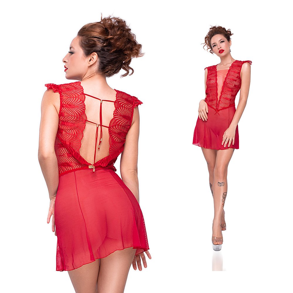 Camisola Sensual Sexy em Tule e Renda Vermelha, modelo de frente e costas, destacando a amarra��o nas costas e o tecido transparente