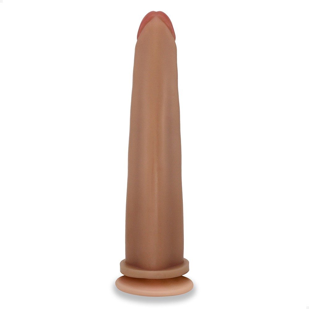 P�nis Gigante e Grosso Flex�vel com Ventosa Comprido 30 x 5,8cm Bege em vista lateral, com foco na curvatura natural e na ventosa que permite fixa��o.