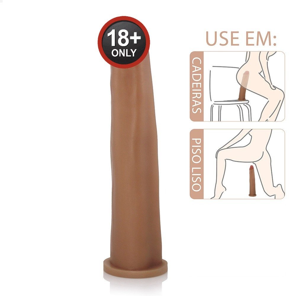 P�nis Gigante e Grosso Flex�vel Comprido 30x5,8cm Bege em uma ilustra��o de uso em diferentes posi��es (cadeira e piso liso).