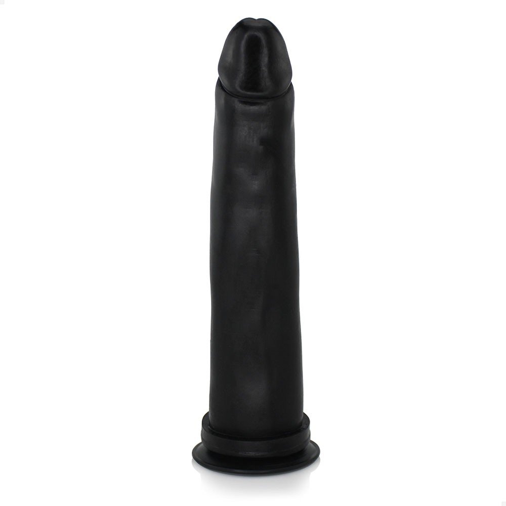 P�nis Gigante e Grosso Flex�vel com Ventosa Comprido 30 x 5,8cm Preto em vista frontal com detalhe da ventosa na base
