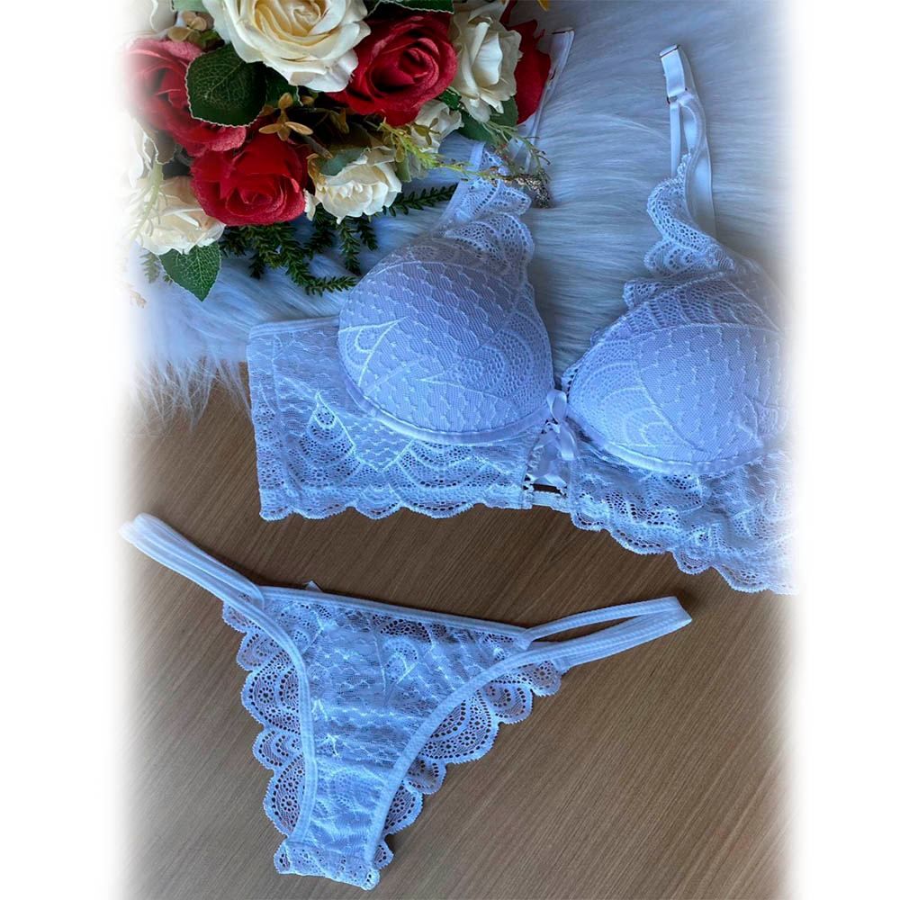 Conjunto Sensual Sexy Fio Dental em Renda com Bojo e Aro e Detalhes Passa Fita Julia Branco - detalhes