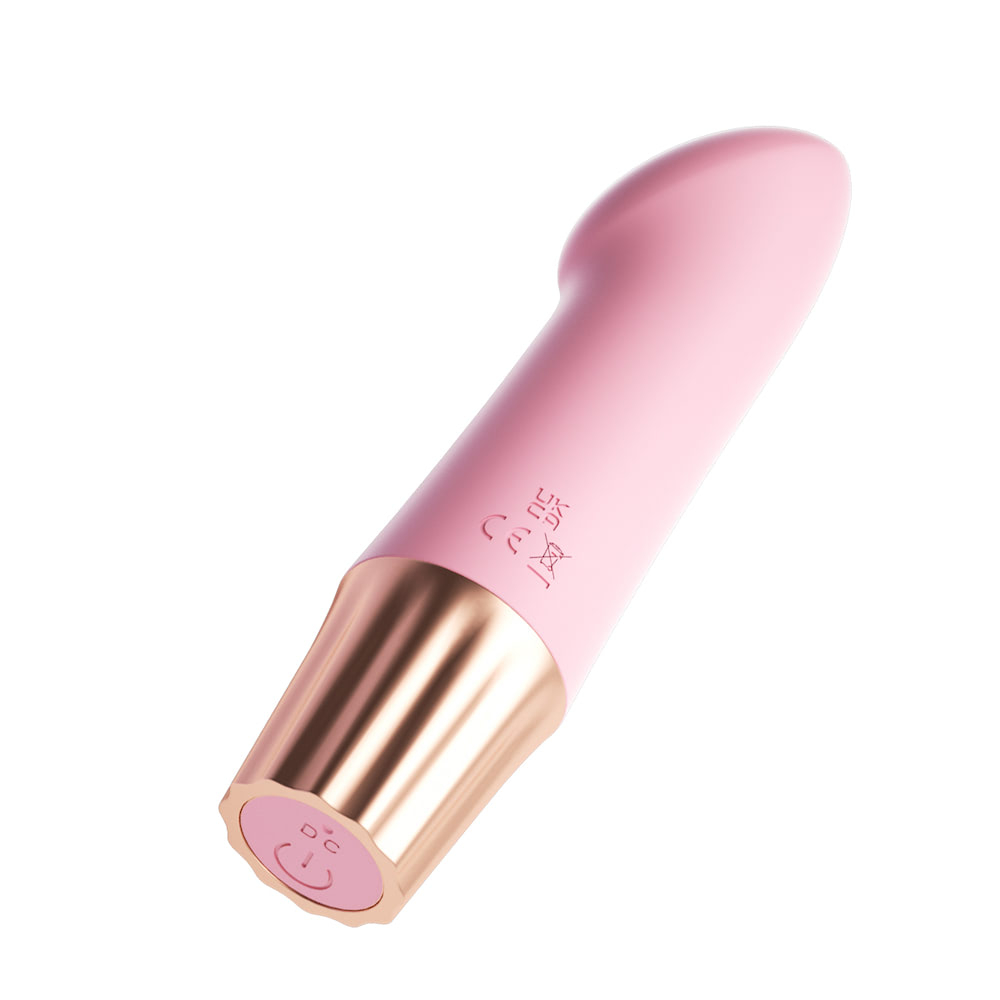 Vibrador Personal Recarreg�vel em Silicone Rosa, vis�o lateral inclinada com detalhes dos bot�es