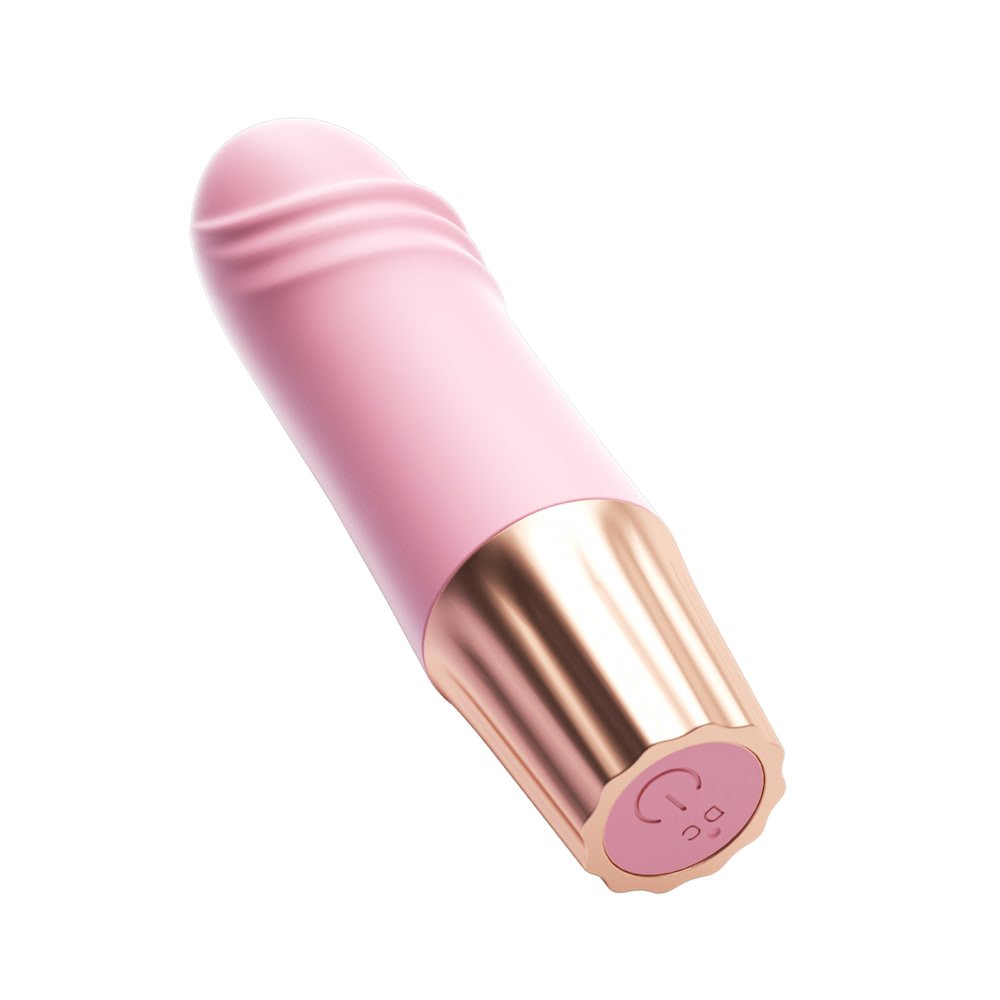 Vista inclinada do Vibrador Personal Recarreg�vel Mini Happy P�nis Rosa, destacando a base rose-gold