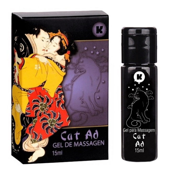Embalagem do Gel Feminino Adstringente Cat Ad 15ml ao lado do frasco, exibindo design oriental com casal abra�ado.