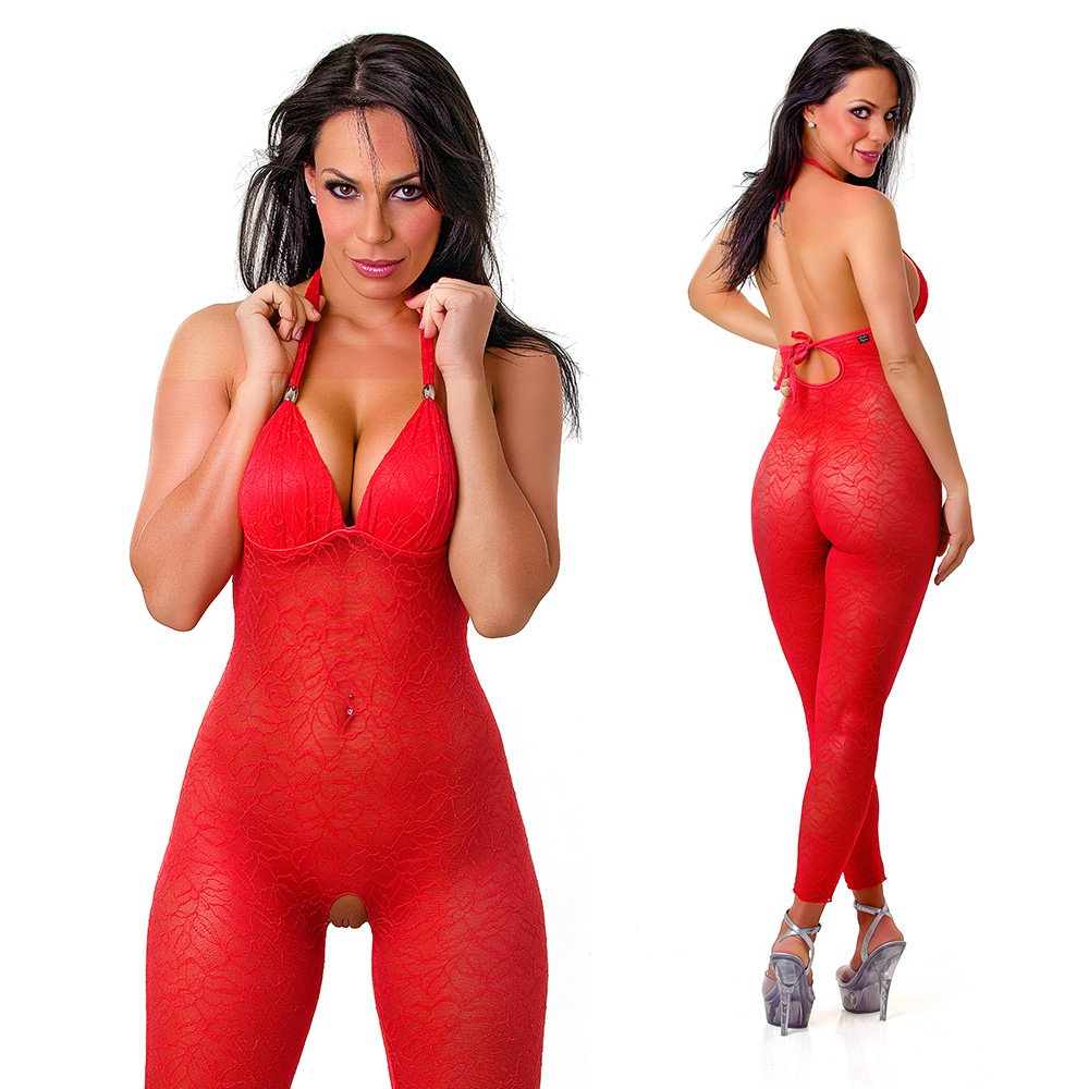 Macacão Sensual em Renda Elástica com Bojo e Abertura Vermelho | Foto 01