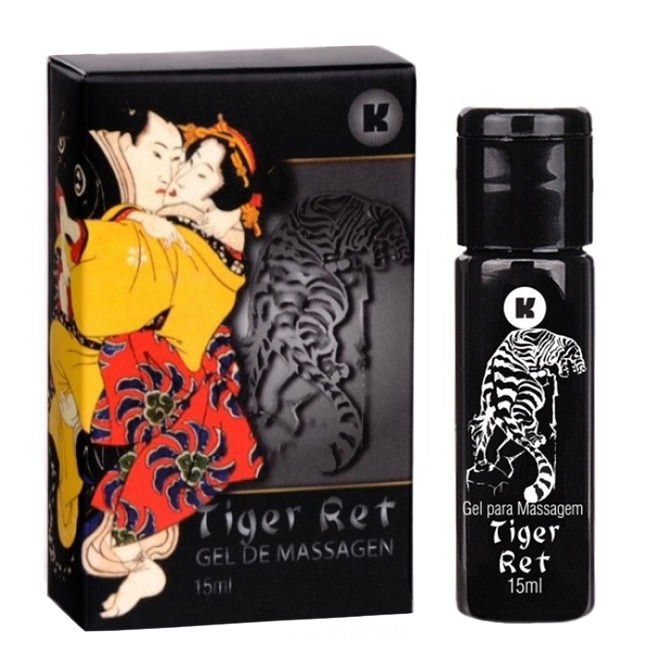 Gel Retardante Tiger Ret 15ml junto � sua embalagem externa, que apresenta ilustra��o de um casal