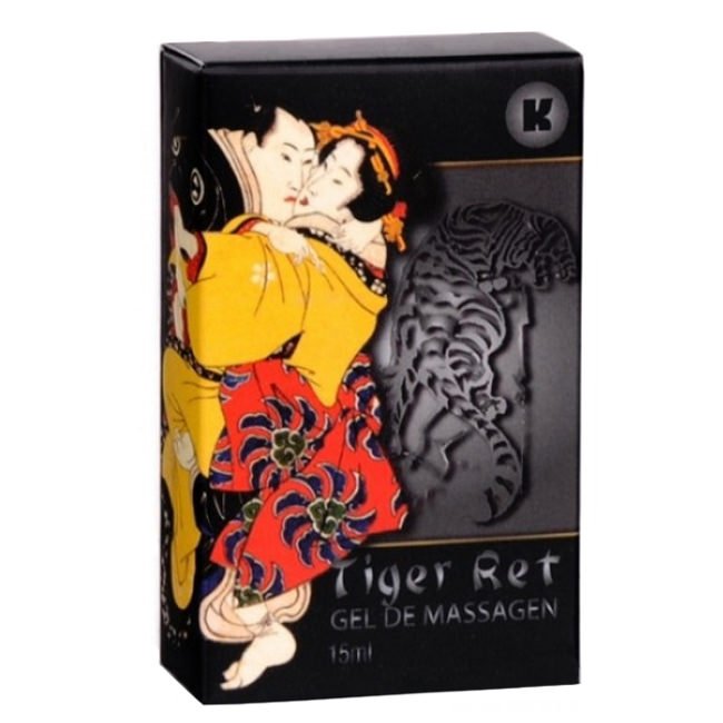 Embalagem externa do Gel Retardante Tiger Ret 15ml com detalhes da ilustra��o de um casal e o nome do produto