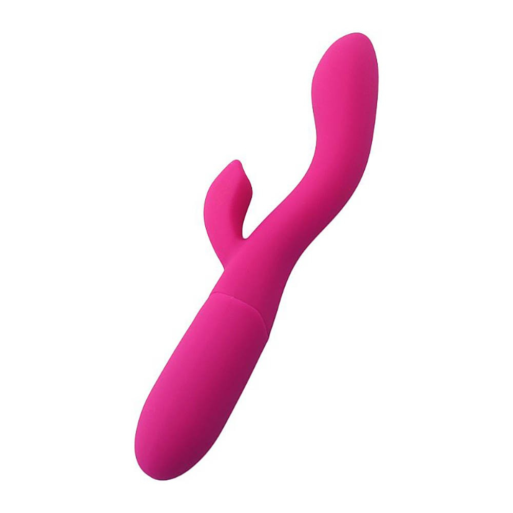 Vibrador Duplo em Silicone Recarreg�vel com 10 Vibra��es Dueto Pink, vis�o lateral mostrando a curvatura ergon�mica